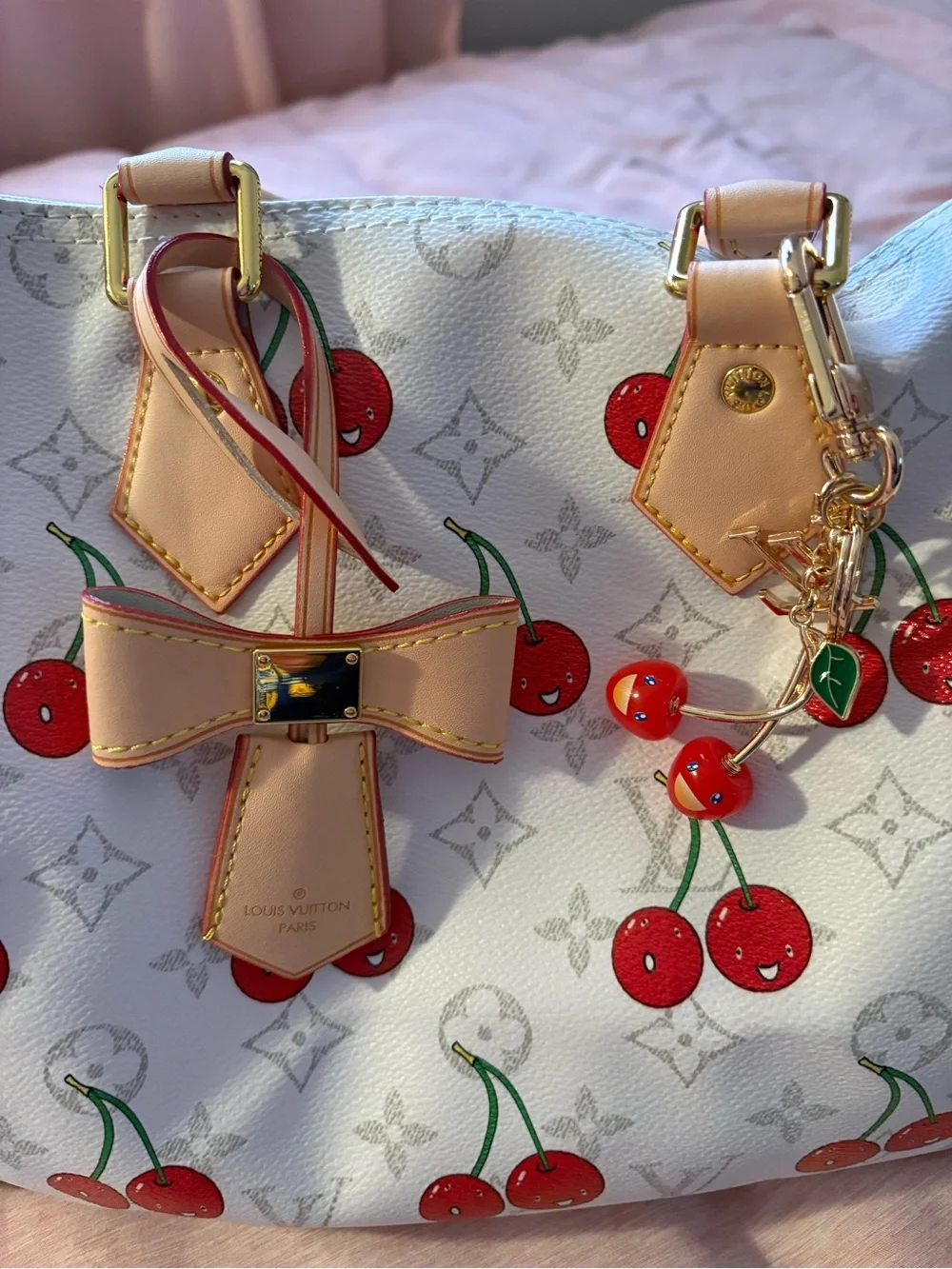 Speedy White Cherry Print Monogram Top-Handle Bag
